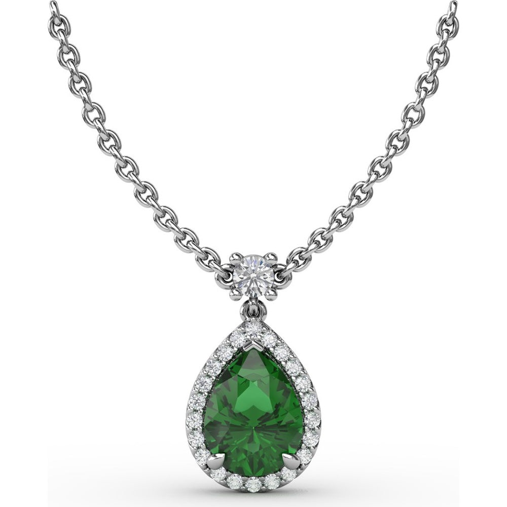 Teardrop Pendant Necklace with Pear-Shaped Emerald and Diamond Halo by Fana - 0.97 Carat Total Gemstone Weight