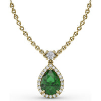 Teardrop Pendant Necklace with Pear-Shaped Emerald and Diamond Halo by Fana - 0.97 Carat Total Gemstone Weight