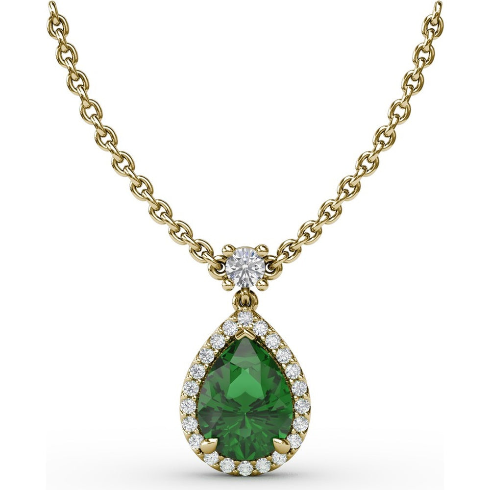 Teardrop Pendant Necklace with Pear-Shaped Emerald and Diamond Halo by Fana - 0.97 Carat Total Gemstone Weight
