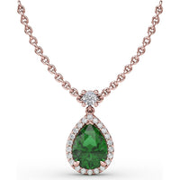 Teardrop Pendant Necklace with Pear-Shaped Emerald and Diamond Halo by Fana - 0.97 Carat Total Gemstone Weight