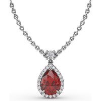 Teardrop Pendant with Pear-Shaped Ruby and Diamond Halo by Fana - 1.27 Carat Total Gemstone Weight