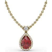 Teardrop Pendant with Pear-Shaped Ruby and Diamond Halo by Fana - 1.27 Carat Total Gemstone Weight