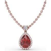 Teardrop Pendant with Pear-Shaped Ruby and Diamond Halo by Fana - 1.27 Carat Total Gemstone Weight