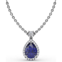 Teardrop Pendant with Pear-Shaped Sapphire and Diamond Halo by Fana - 1.27 Carat Total Gemstone Weight