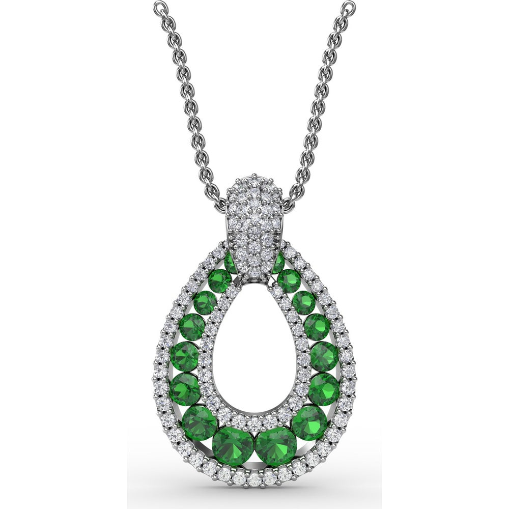 Teardrop Pendant with Round Emeralds and Pavé Diamond Halo by Fana - 1.89 Carat Total Gemstone Weight