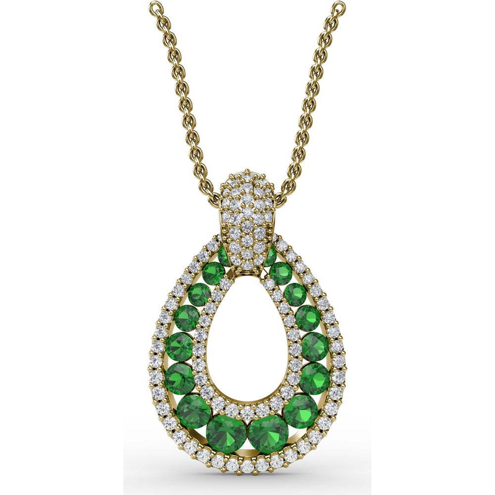 Teardrop Pendant with Round Emeralds and Pavé Diamond Halo by Fana - 1.89 Carat Total Gemstone Weight