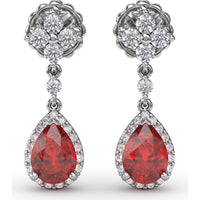 Teardrop Ruby and Diamond Dangle Earrings with Halo Setting by Fana - 2.34 Carat Total Gemstone Weight