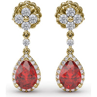 Teardrop Ruby and Diamond Dangle Earrings with Halo Setting by Fana - 2.34 Carat Total Gemstone Weight