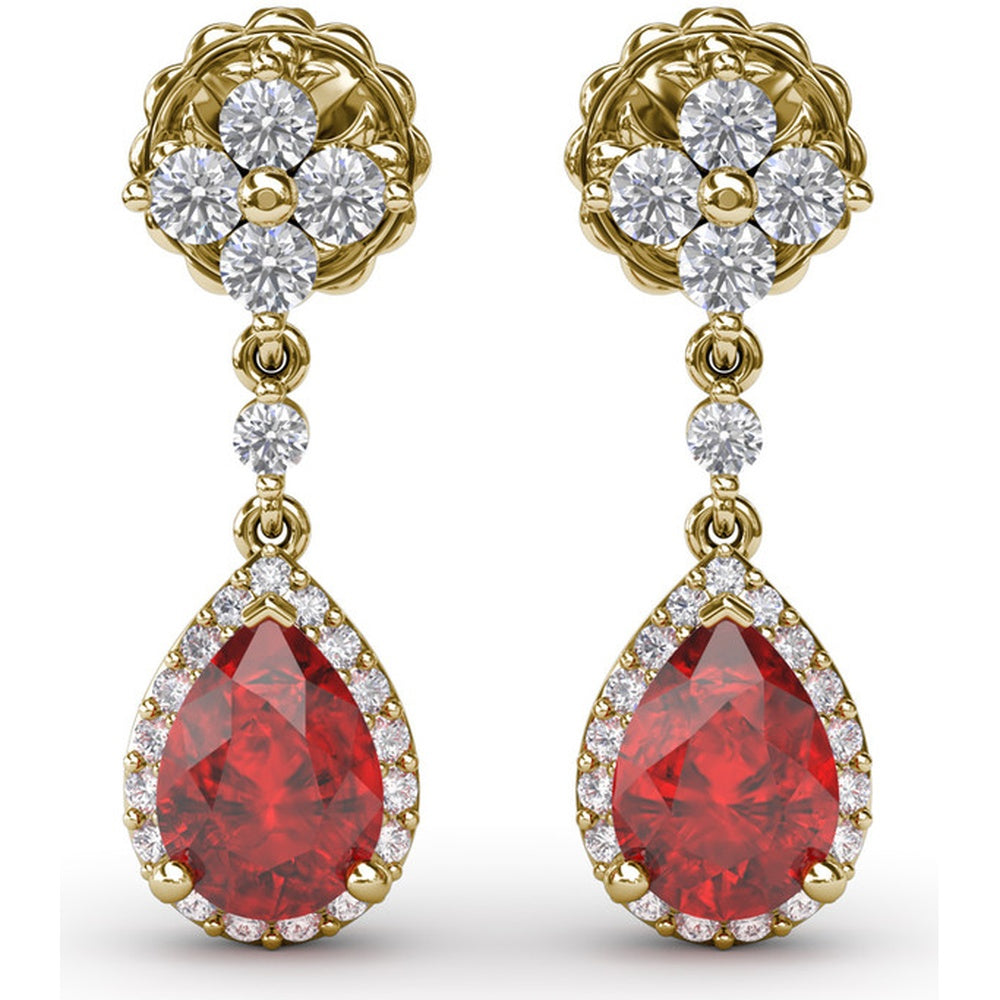 Teardrop Ruby and Diamond Dangle Earrings with Halo Setting by Fana - 2.34 Carat Total Gemstone Weight