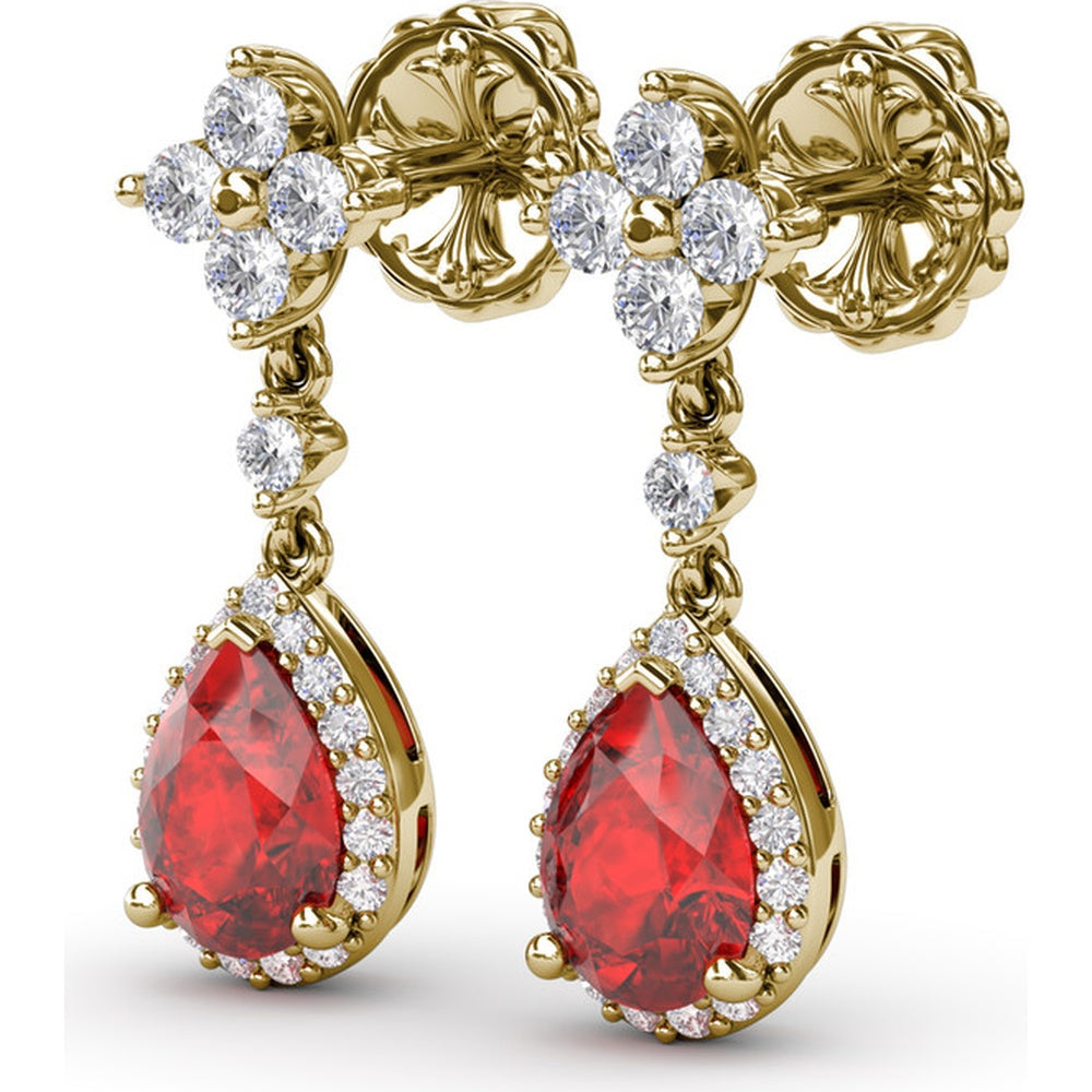 Teardrop Ruby and Diamond Dangle Earrings with Halo Setting by Fana - 2.34 Carat Total Gemstone Weight