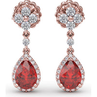 Teardrop Ruby and Diamond Dangle Earrings with Halo Setting by Fana - 2.34 Carat Total Gemstone Weight