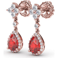 Teardrop Ruby and Diamond Dangle Earrings with Halo Setting by Fana - 2.34 Carat Total Gemstone Weight