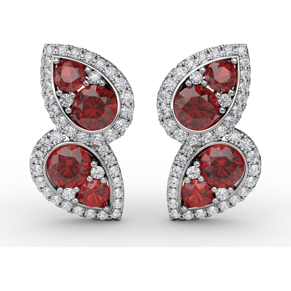 Teardrop Ruby and Diamond Halo Dangle Earrings by Fana - 2.18 Carat Total Gemstone Weight