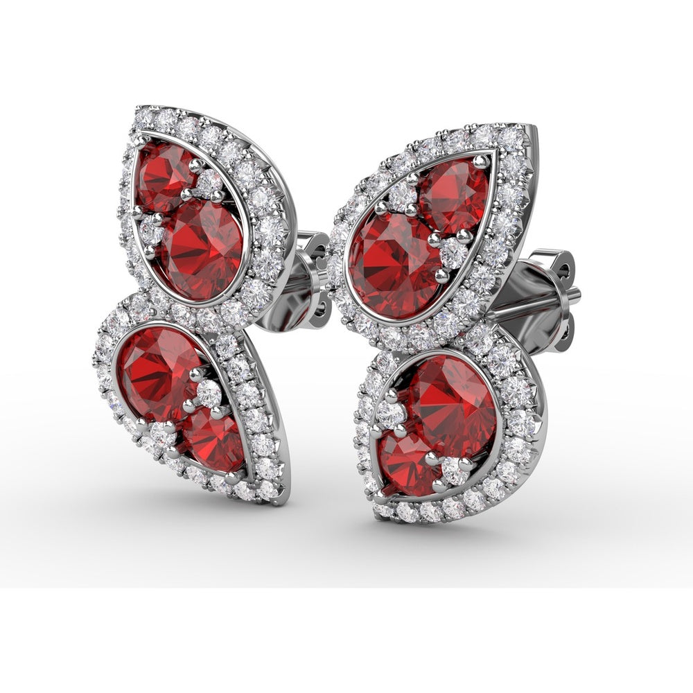 Teardrop Ruby and Diamond Halo Dangle Earrings by Fana - 2.18 Carat Total Gemstone Weight