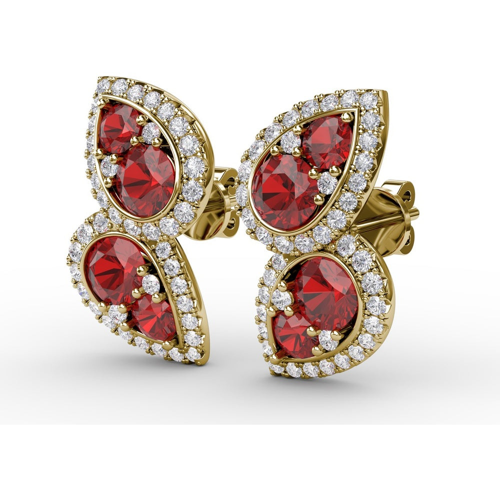 Teardrop Ruby and Diamond Halo Dangle Earrings by Fana - 2.18 Carat Total Gemstone Weight
