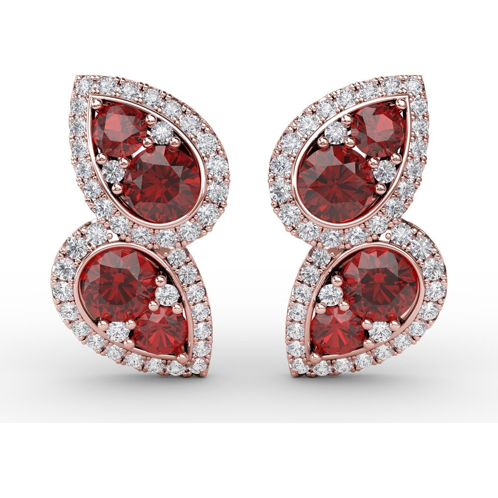 Teardrop Ruby and Diamond Halo Dangle Earrings by Fana - 2.18 Carat Total Gemstone Weight