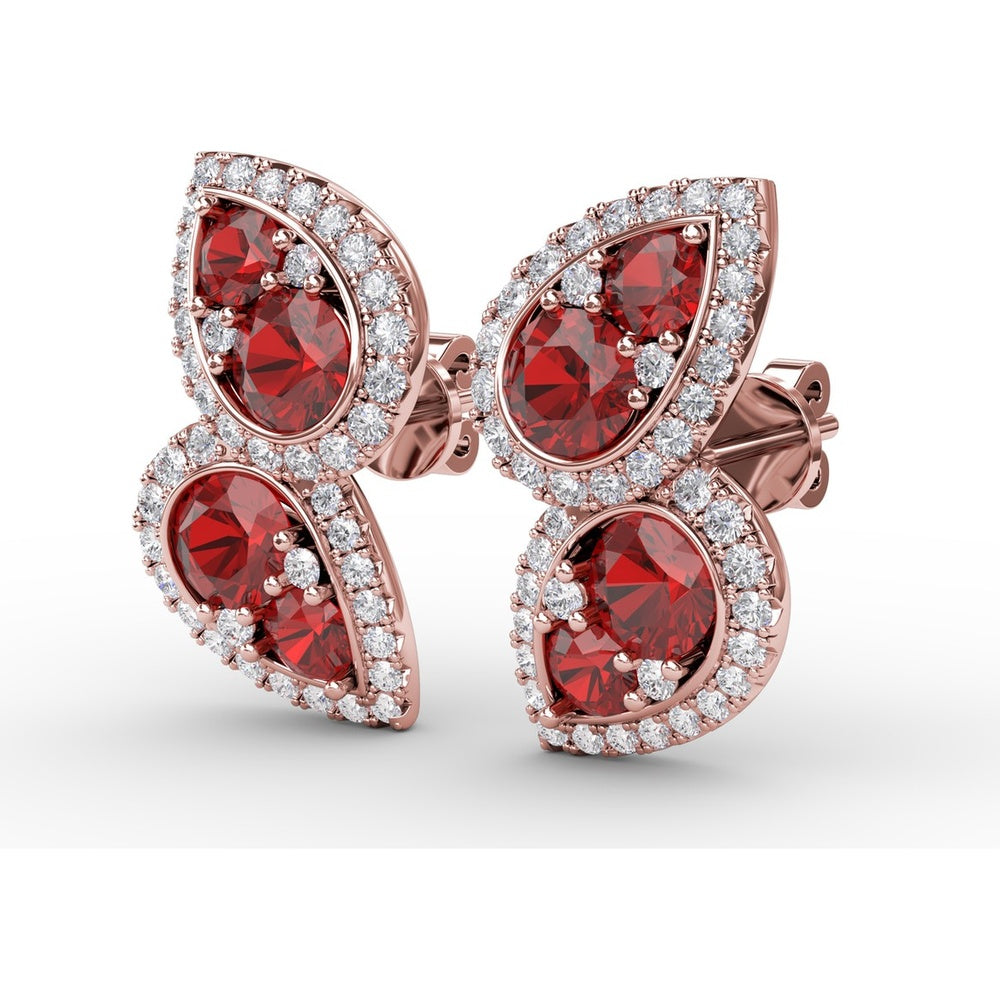 Teardrop Ruby and Diamond Halo Dangle Earrings by Fana - 2.18 Carat Total Gemstone Weight