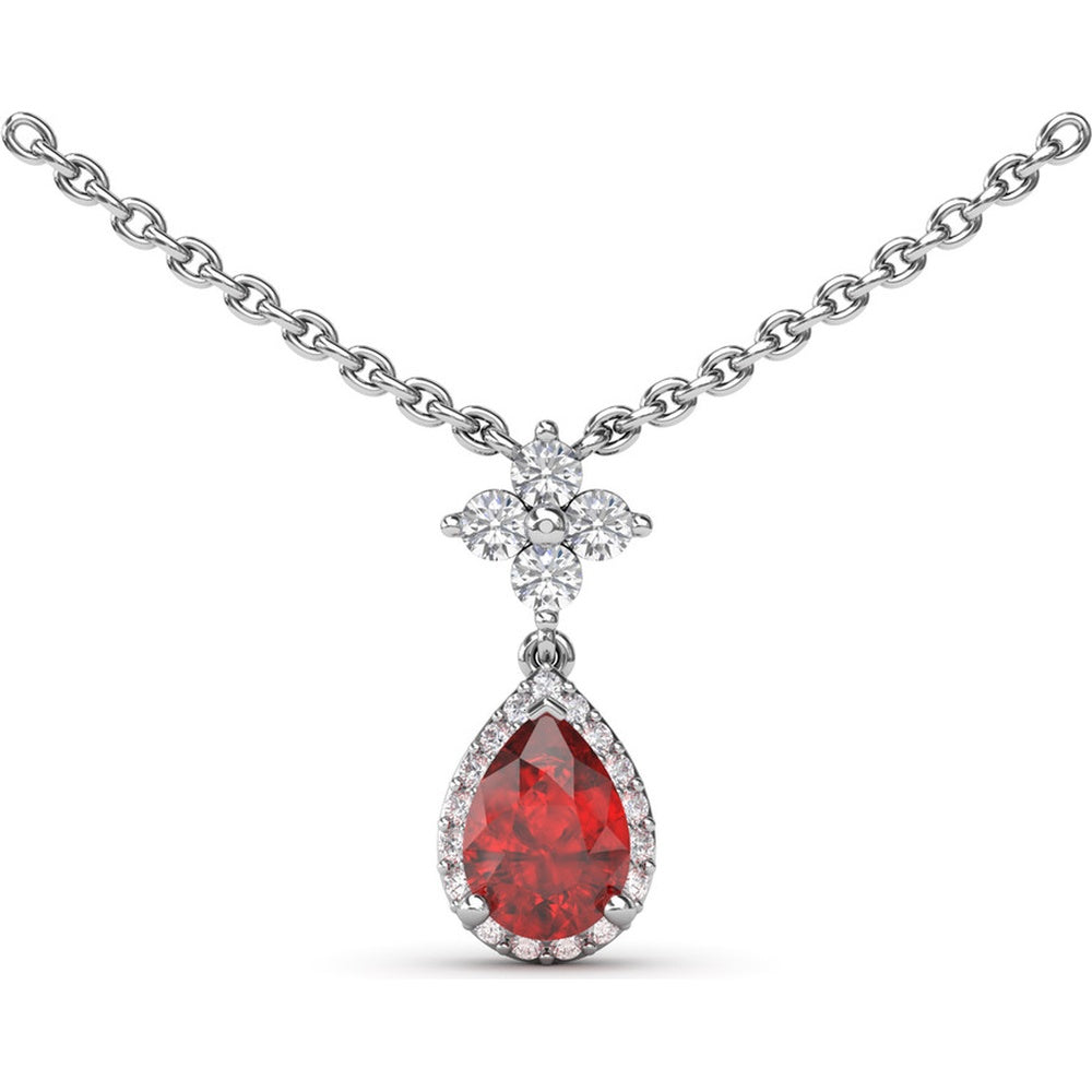 Teardrop Ruby Pendant Necklace with Diamond Halo and Diamond Cluster Bail by Fana - 1.06 Carat Total Gemstone Weight