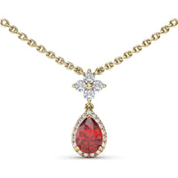 Teardrop Ruby Pendant Necklace with Diamond Halo and Diamond Cluster Bail by Fana - 1.06 Carat Total Gemstone Weight