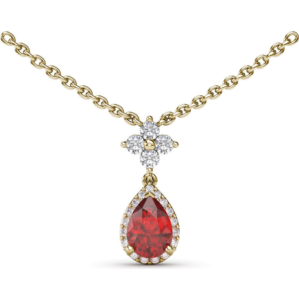 Teardrop Ruby Pendant Necklace with Diamond Halo and Diamond Cluster Bail by Fana - 1.06 Carat Total Gemstone Weight