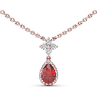 Teardrop Ruby Pendant Necklace with Diamond Halo and Diamond Cluster Bail by Fana - 1.06 Carat Total Gemstone Weight
