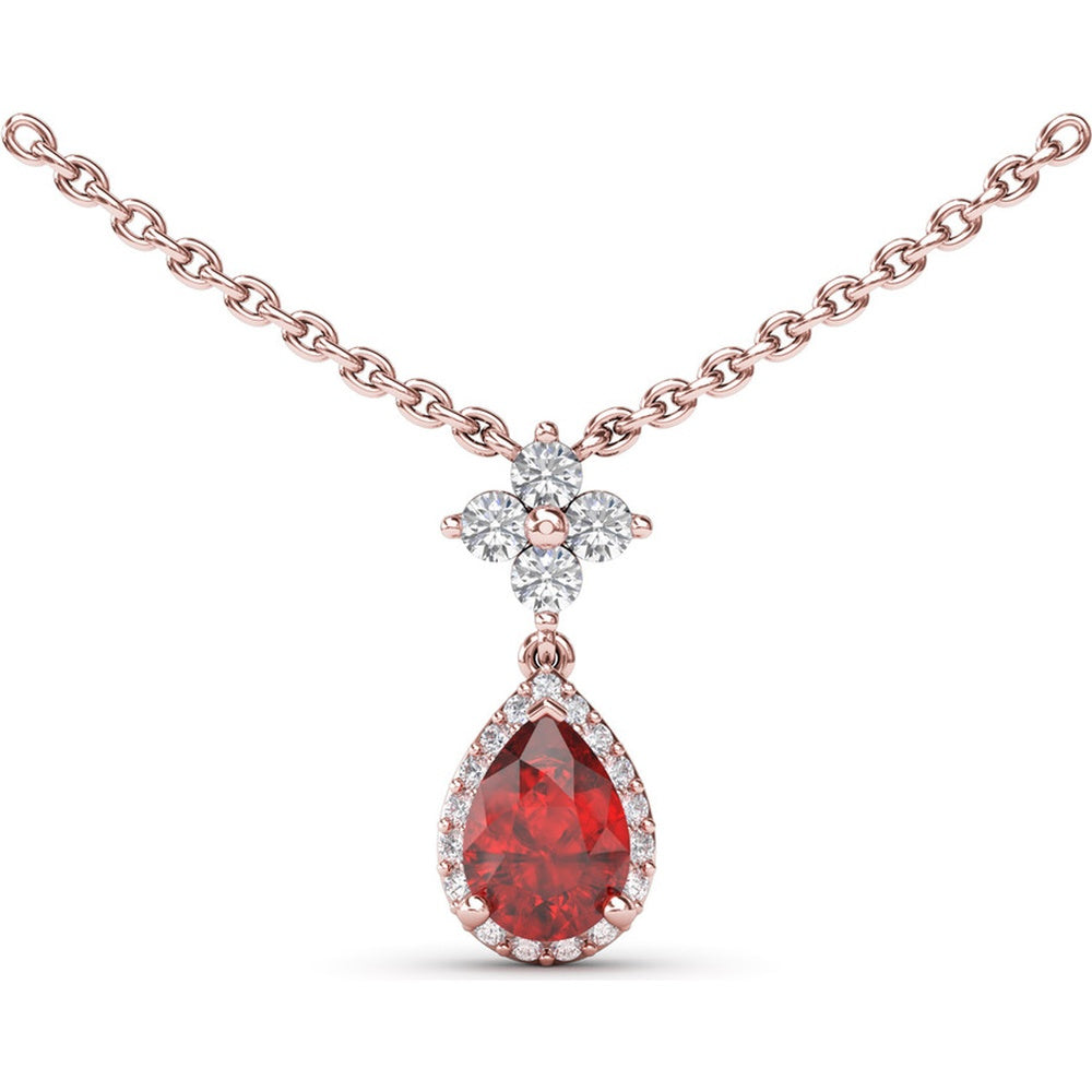Teardrop Ruby Pendant Necklace with Diamond Halo and Diamond Cluster Bail by Fana - 1.06 Carat Total Gemstone Weight