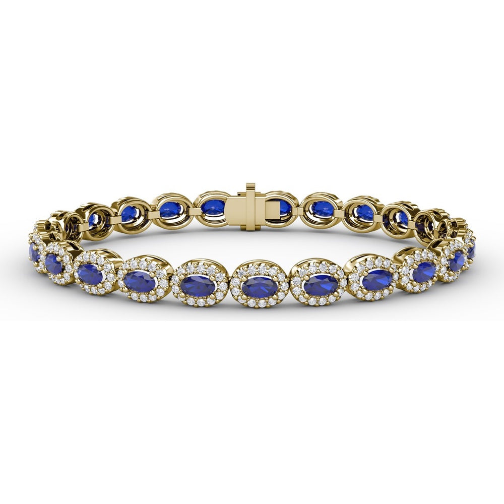 Tennis Bracelet with Halo Set Oval Sapphires and Round Diamonds by Fana - 10.34 Carat Total Gemstone Weight