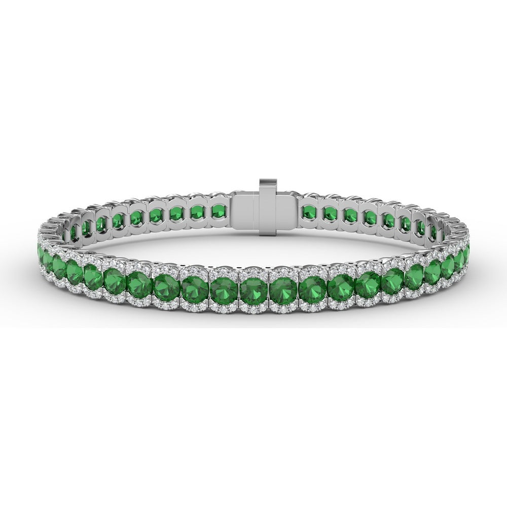 Tennis Bracelet with Halo Set Round Emeralds and Pavé Diamonds by Fana - 9.45 Carat Total Gemstone Weight