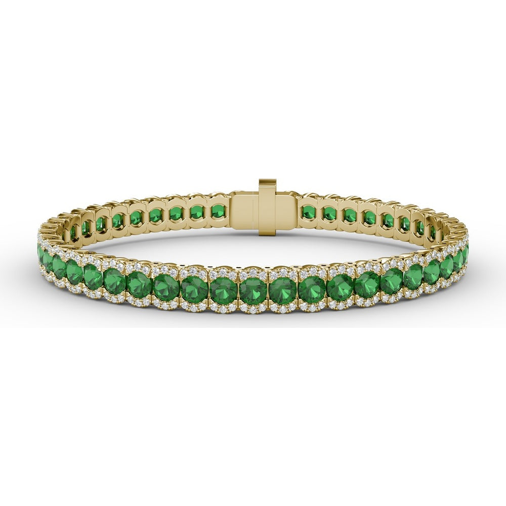 Tennis Bracelet with Halo Set Round Emeralds and Pavé Diamonds by Fana - 9.45 Carat Total Gemstone Weight
