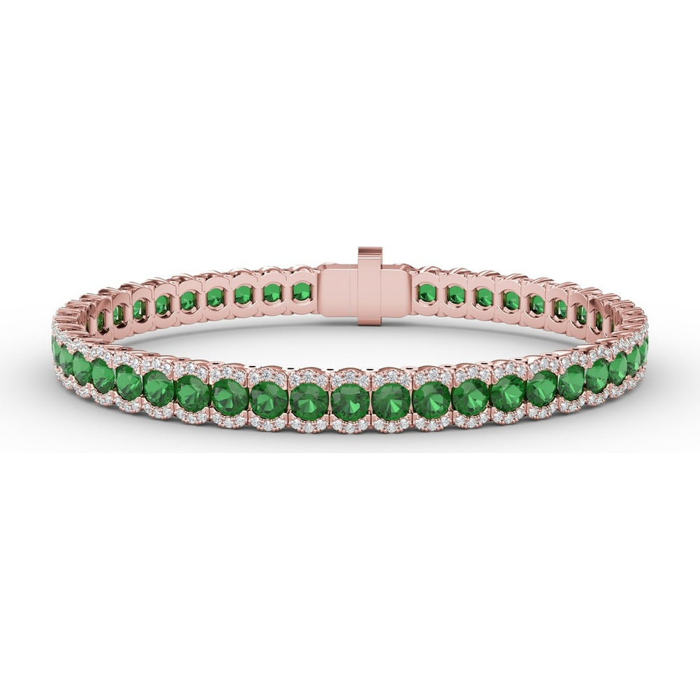 Tennis Bracelet with Halo Set Round Emeralds and Pavé Diamonds by Fana - 9.45 Carat Total Gemstone Weight