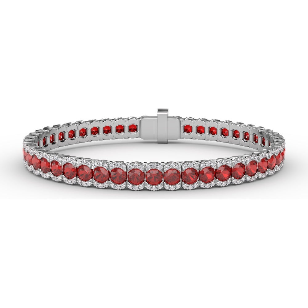 Tennis Bracelet with Halo Set Round Rubies and Diamonds by Fana - 12.60 Carat Total Gemstone Weight