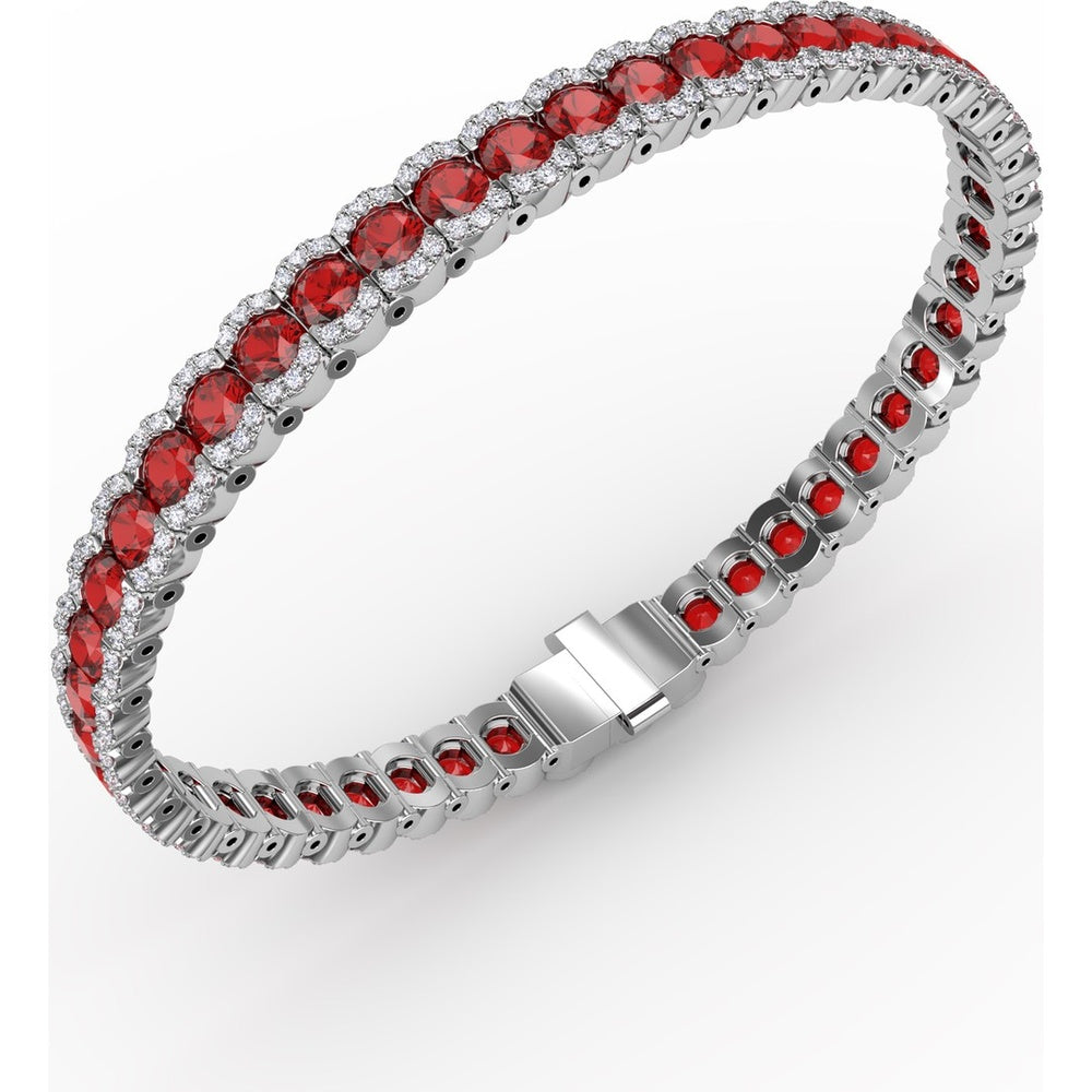 Tennis Bracelet with Halo Set Round Rubies and Diamonds by Fana - 12.60 Carat Total Gemstone Weight