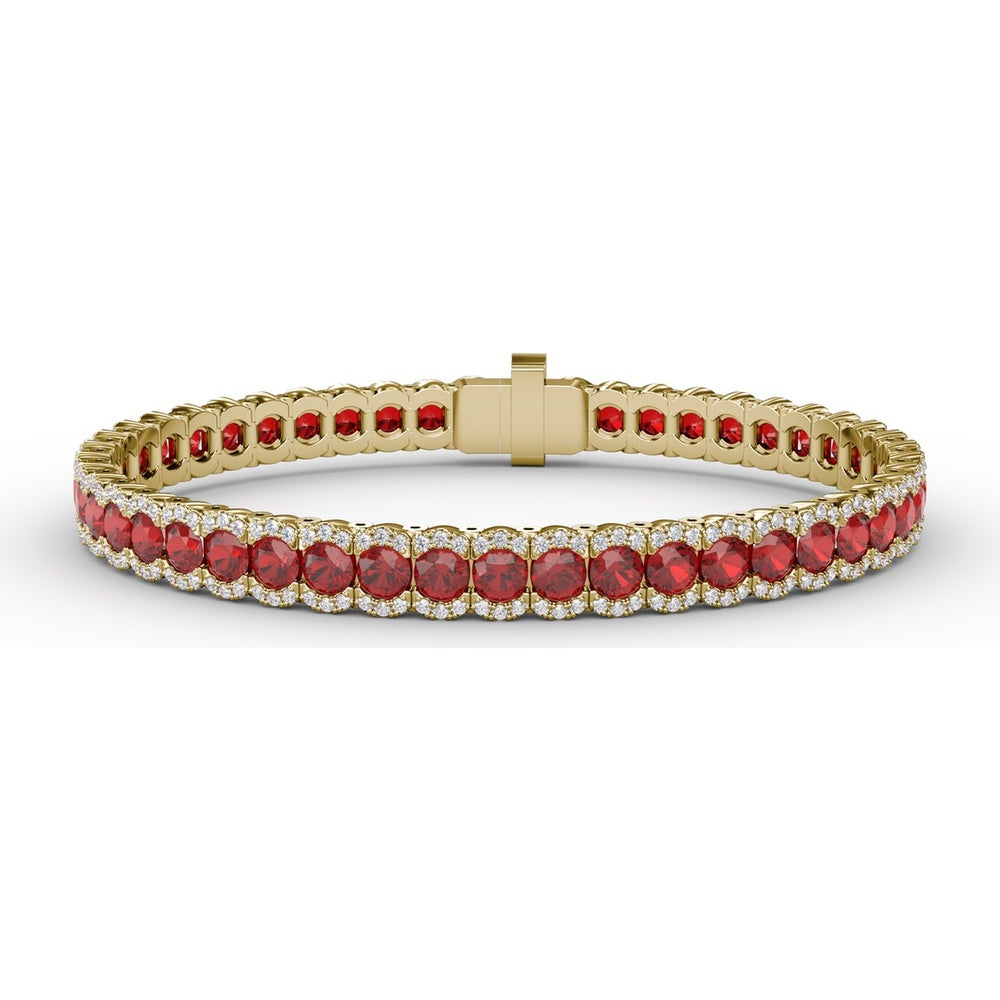 Tennis Bracelet with Halo Set Round Rubies and Diamonds by Fana - 12.60 Carat Total Gemstone Weight