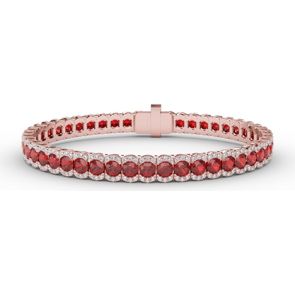 Tennis Bracelet with Halo Set Round Rubies and Diamonds by Fana - 12.60 Carat Total Gemstone Weight