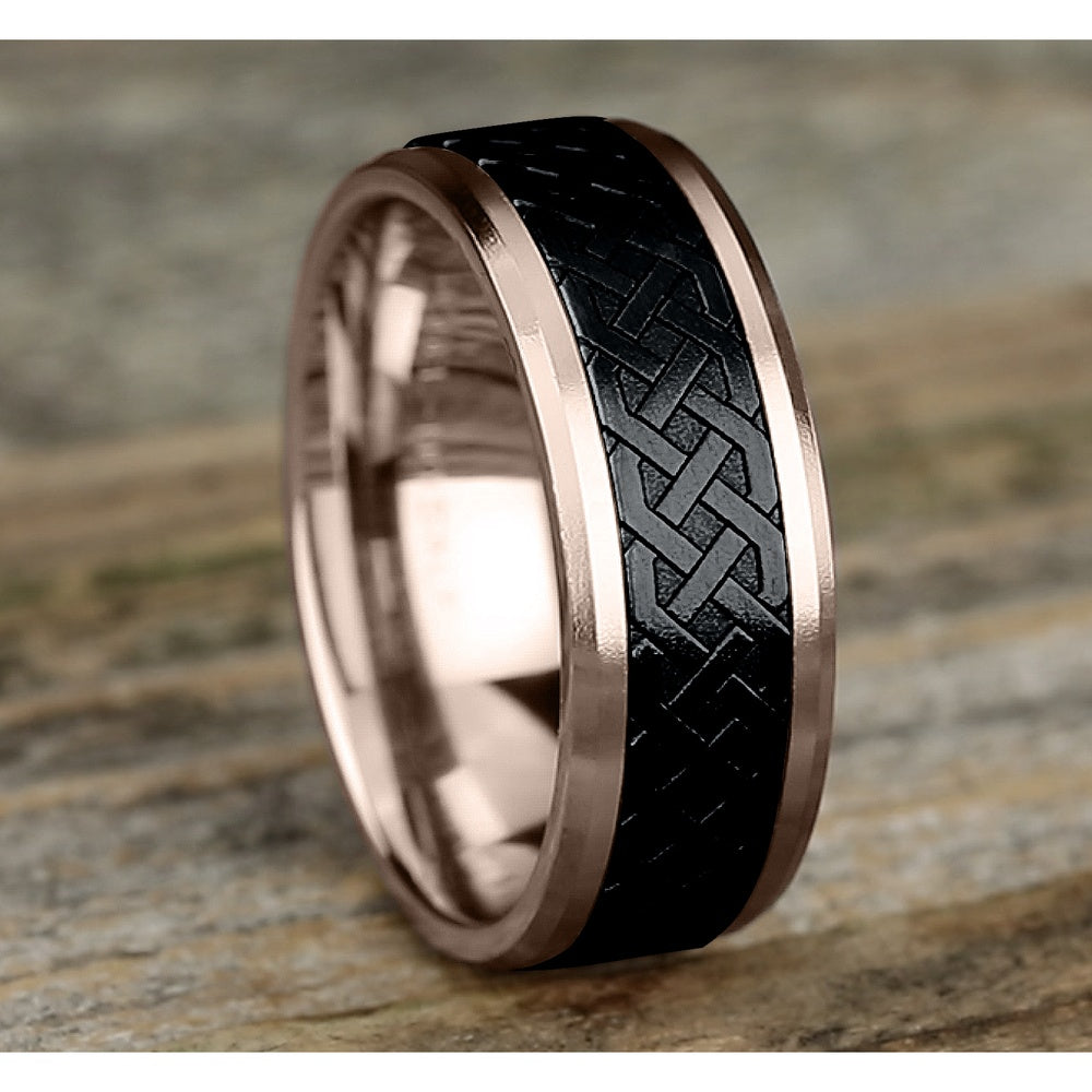 The Adare Men's Wedding Band in 14K Rose Gold and Black Titanium - 8mm Width by Ammara Stone