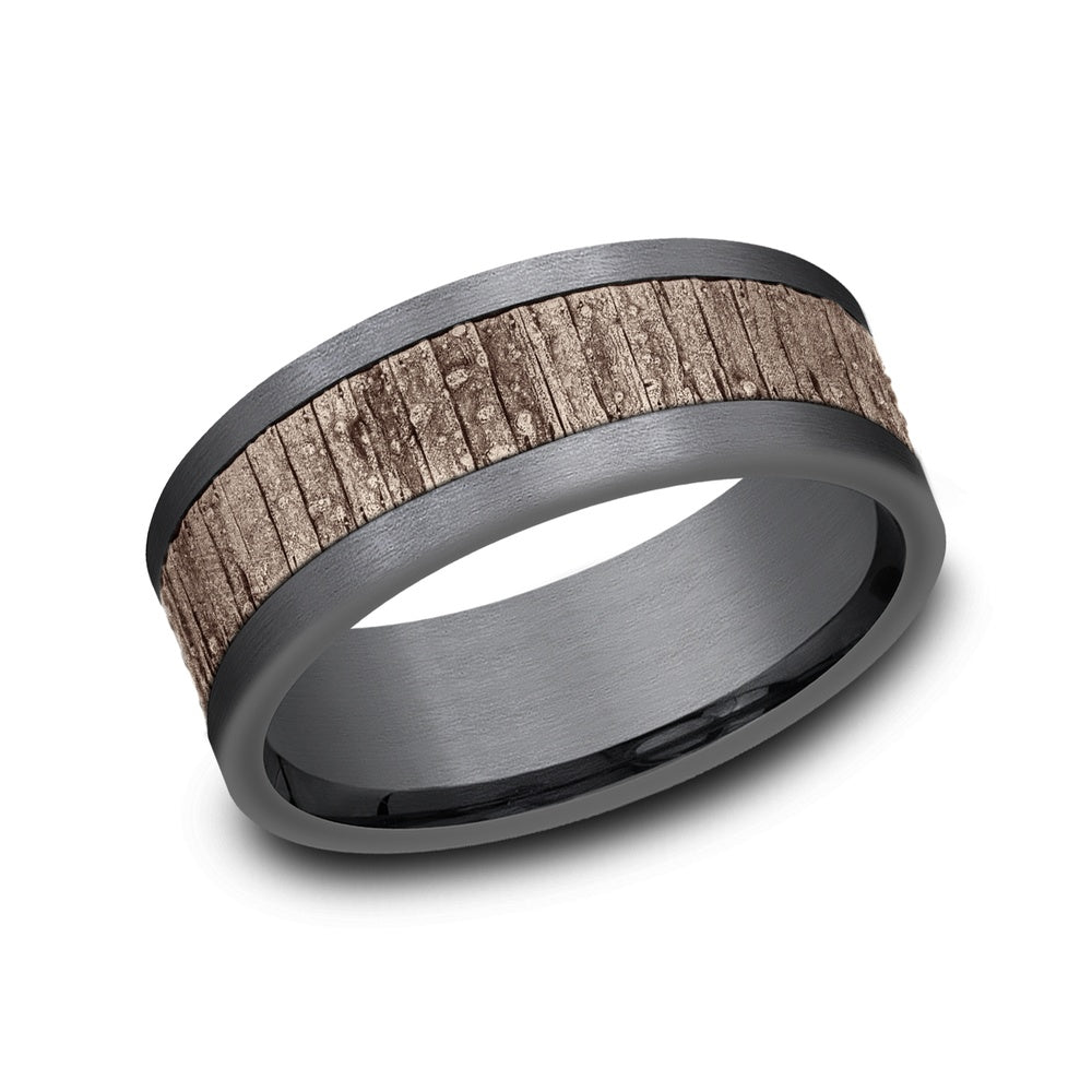 The Alder Men's Wedding Band in Grey Tantalum and 14K Rose Gold - 8mm Width by Ammara Stone