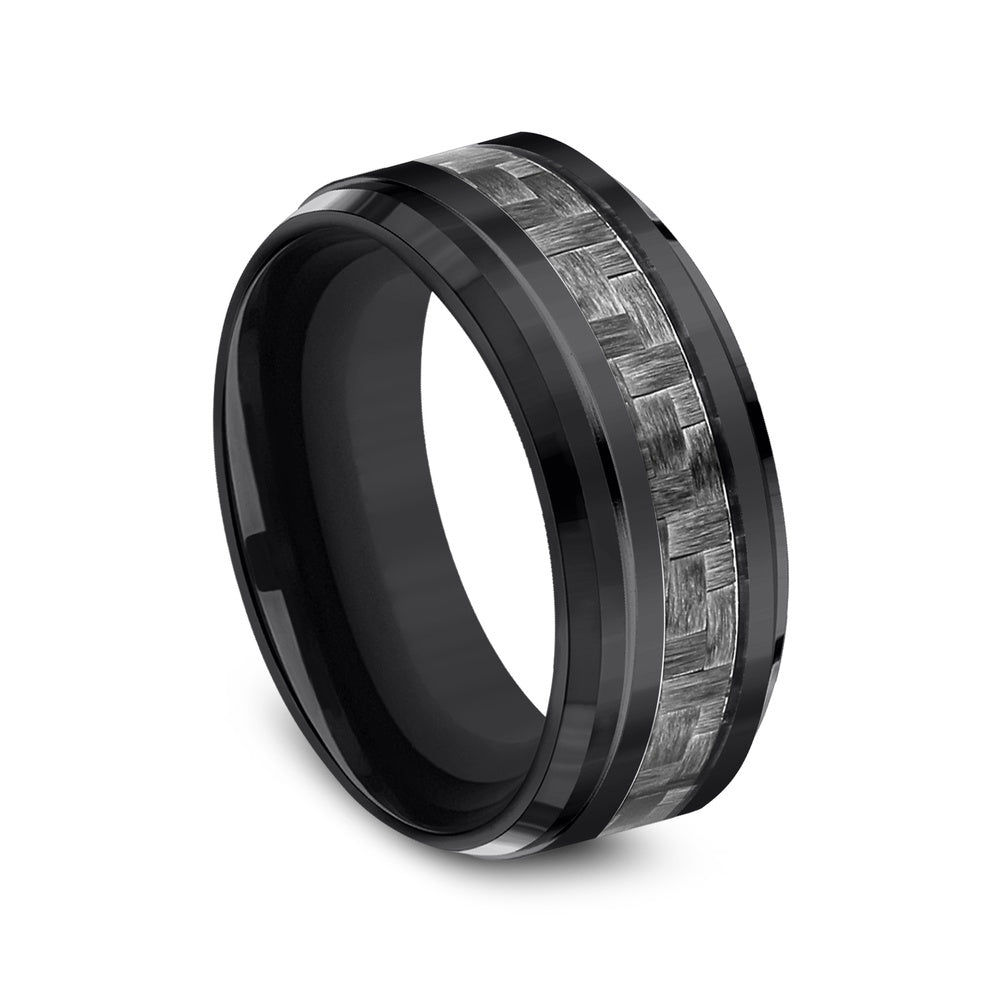 The Andretti Men's Wedding Band in Black Titanium and Grey Carbon Fiber - 9mm Width by Forge