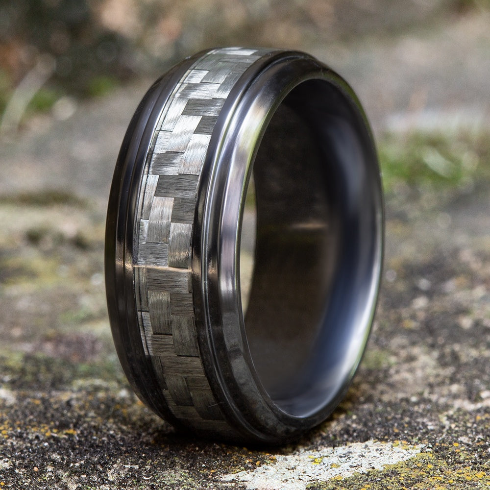 The Andretti Men's Wedding Band in Black Titanium and Grey Carbon Fiber - 9mm Width by Forge
