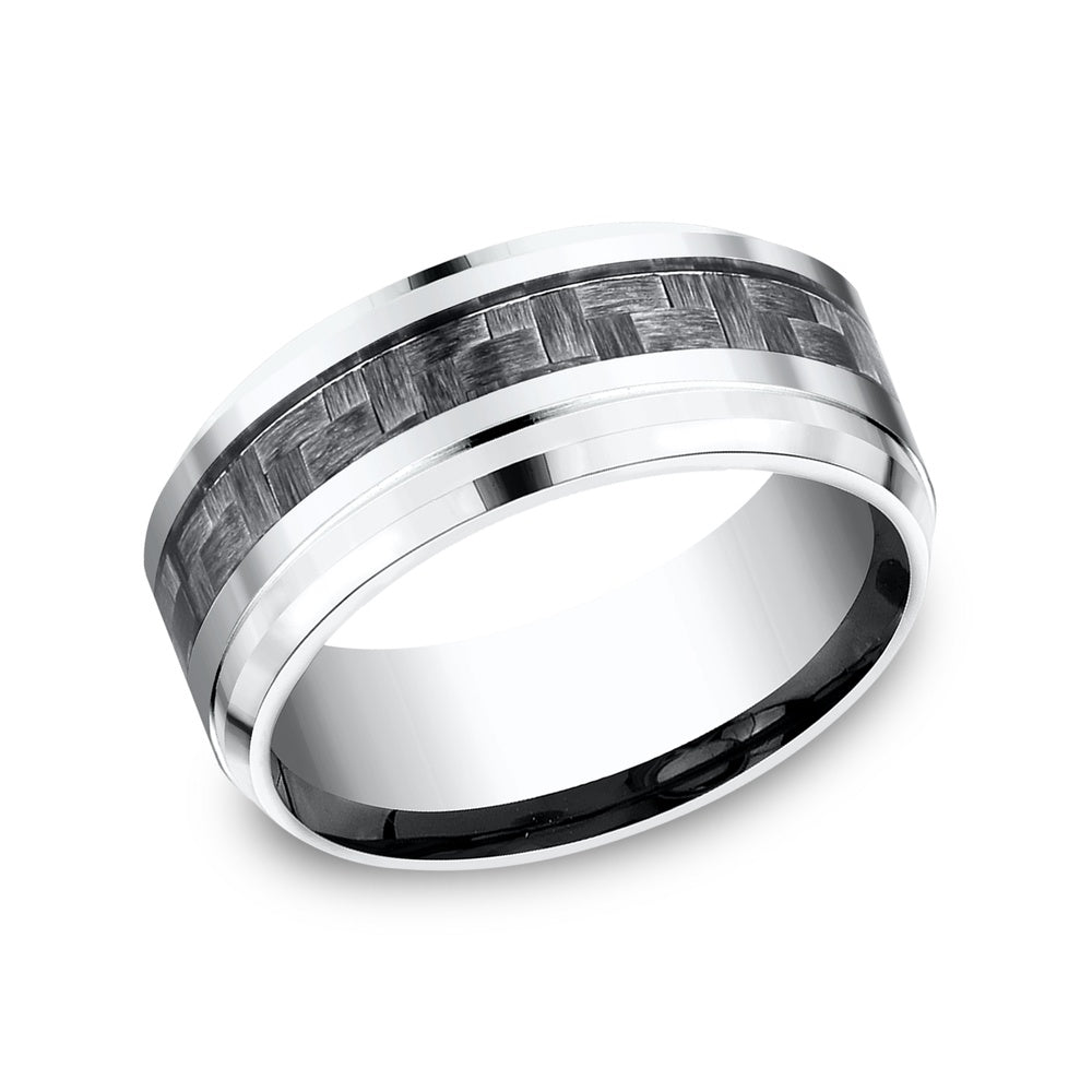 The Andretti Men's Wedding Band in White Cobalt and Grey Carbon Fiber - 9mm Width by Forge