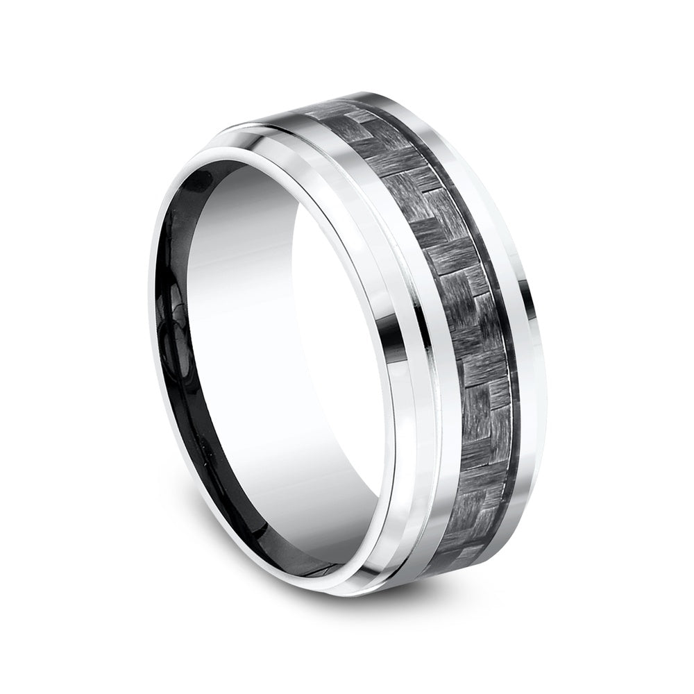 The Andretti Men's Wedding Band in White Cobalt and Grey Carbon Fiber - 9mm Width by Forge