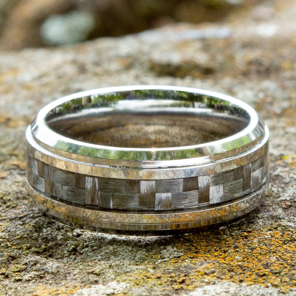 The Andretti Men's Wedding Band in White Cobalt and Grey Carbon Fiber - 9mm Width by Forge