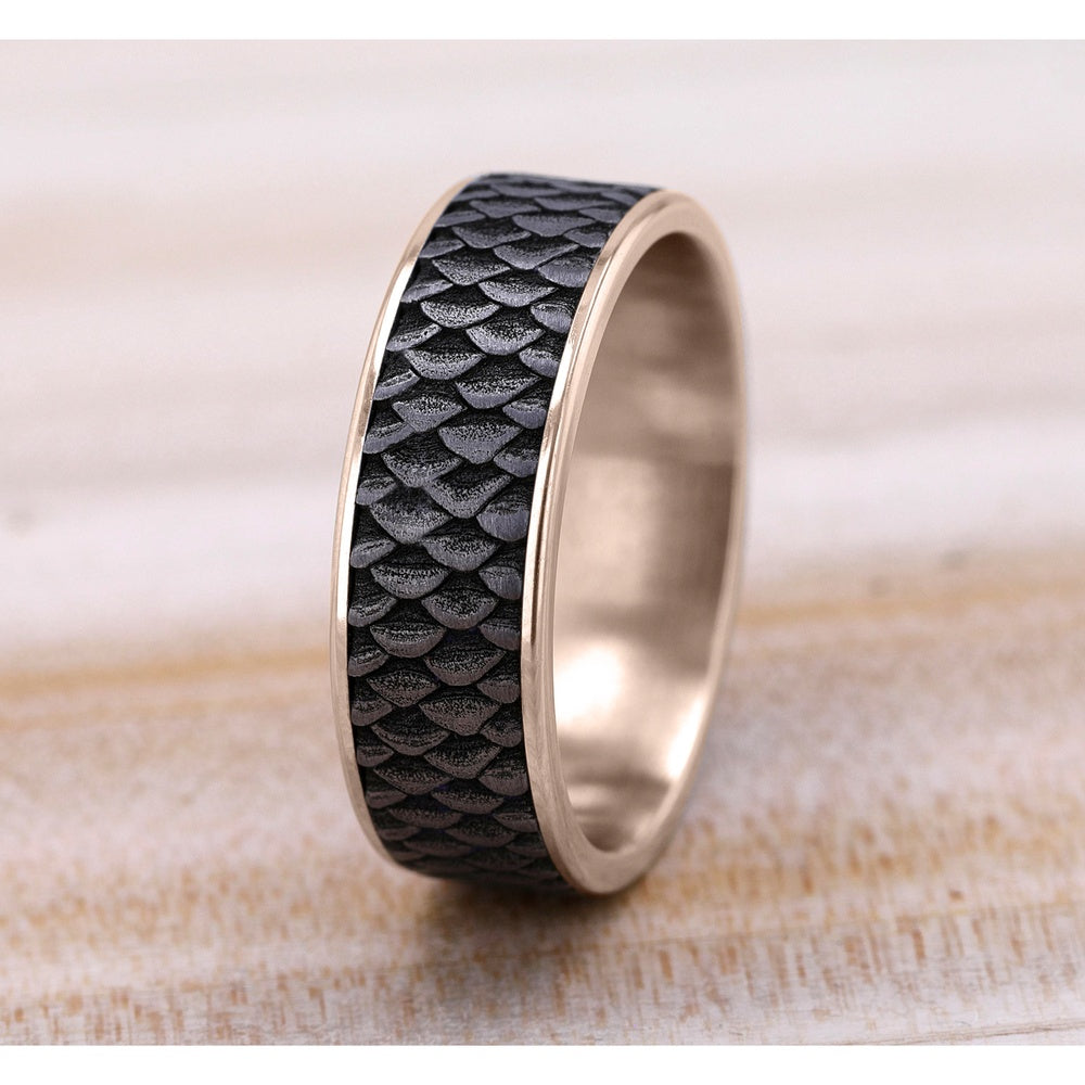 The Angler Men's Wedding Band in 14K Rose Gold and Grey Tantalum - 7.5mm Width by Brook and Branch