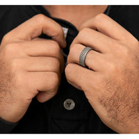 The Angler Men's Wedding Band in Grey Tantalum and 14K White Gold - 7.5mm Width by Brook and Branch