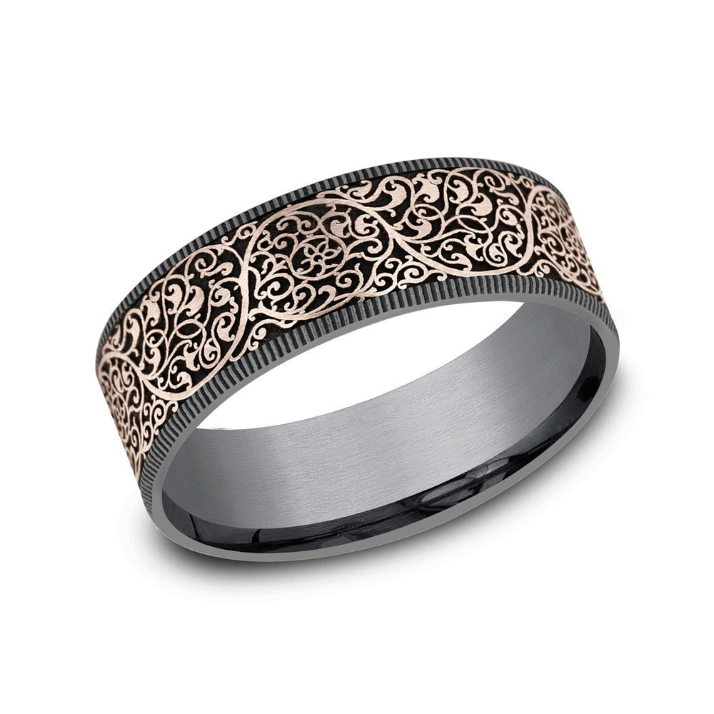 The Arabesque Men's Wedding Band in Grey Tantalum and 14K Rose Gold - 7.5mm Width by Ammara Stone