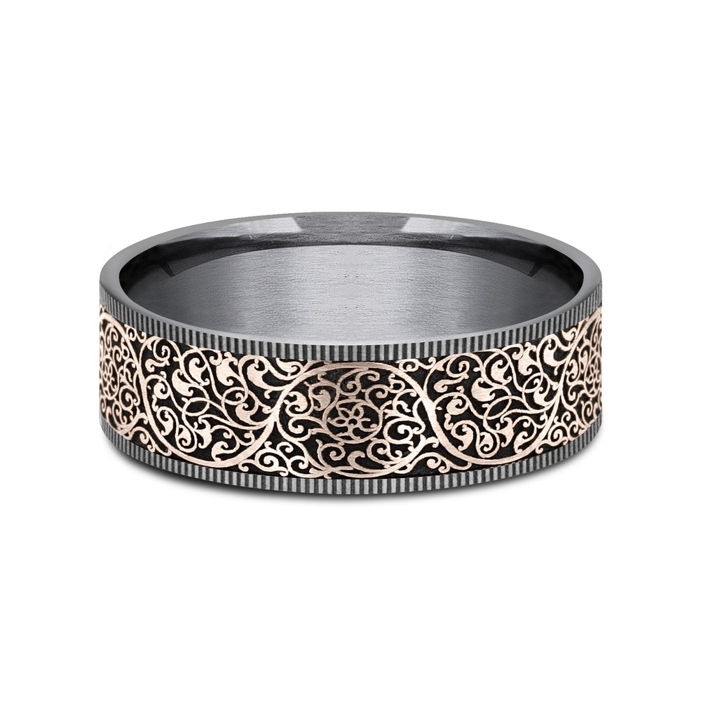 The Arabesque Men's Wedding Band in Grey Tantalum and 14K Rose Gold - 7.5mm Width by Ammara Stone