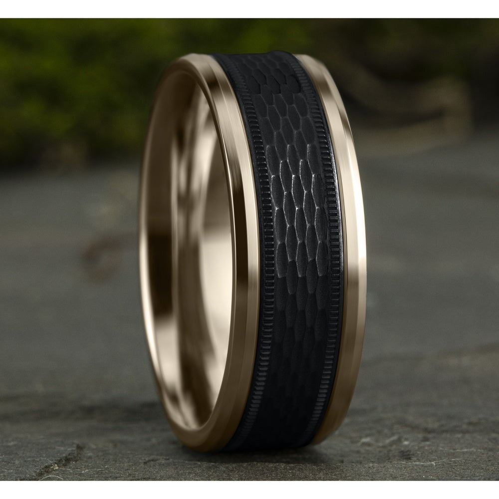 The Athlete Men's Wedding Band in 14K Rose Gold and Black Titanium - 8mm Width by Ammara Stone