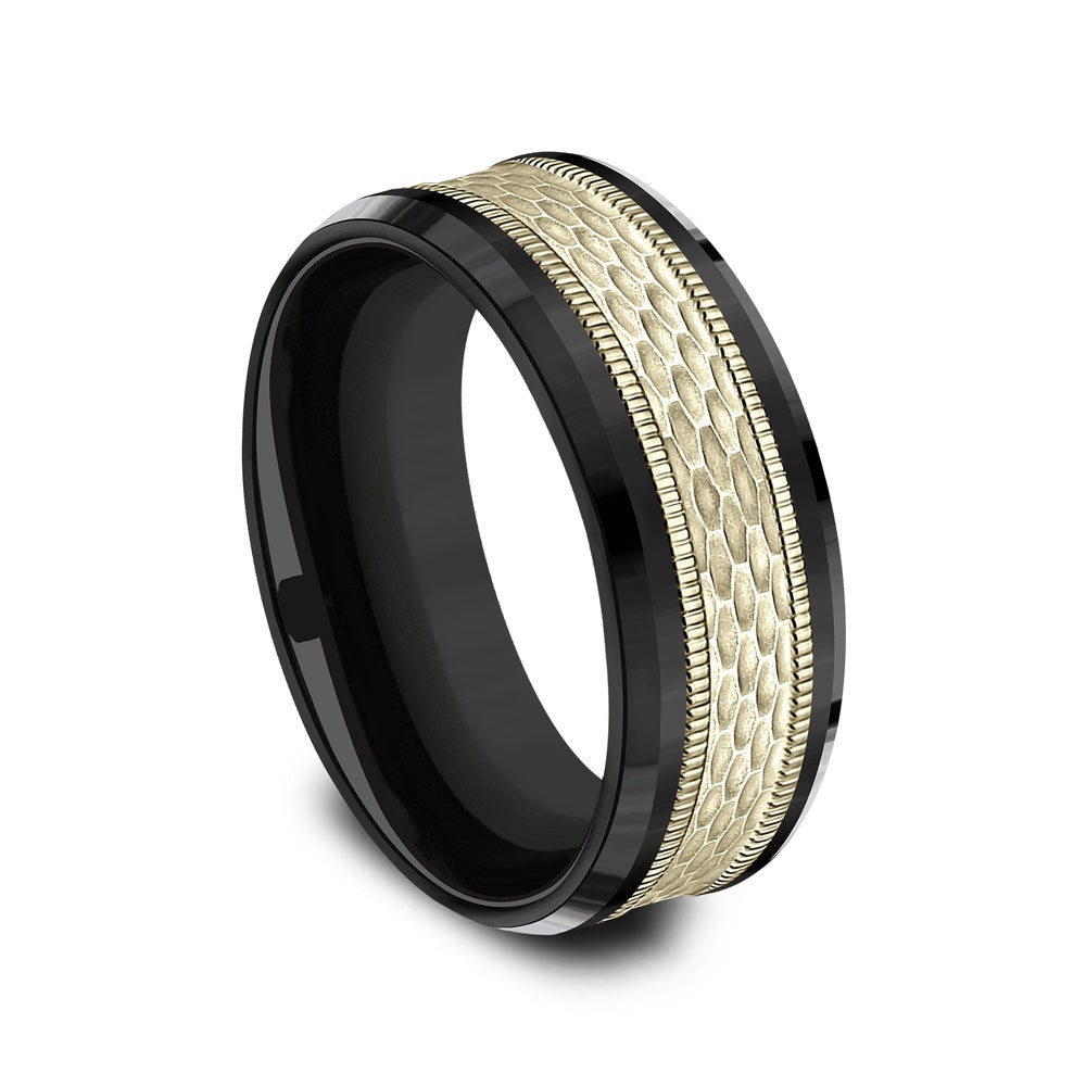 The Athlete Men's Wedding Band in Black Titanium and 14K Yellow Gold - 8mm Width by Ammara Stone
