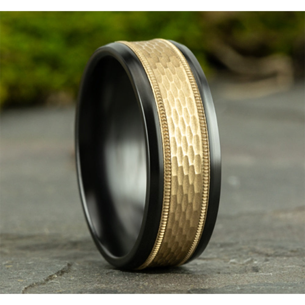 The Athlete Men's Wedding Band in Black Titanium and 14K Yellow Gold - 8mm Width by Ammara Stone