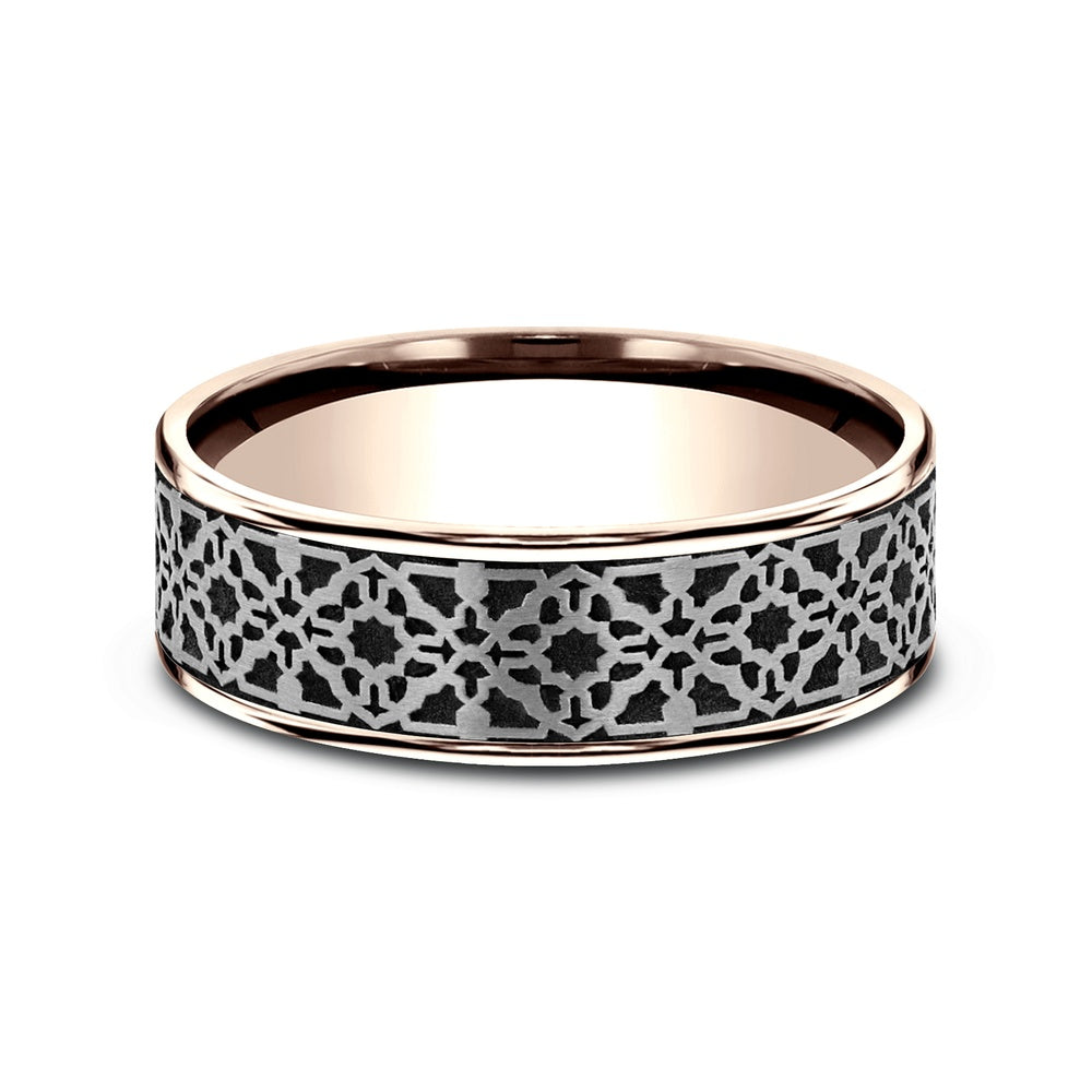 The Aztec Men's Wedding Band in 14K Rose Gold and Grey/Black Titanium - 7.5mm Width by Ammara Stone