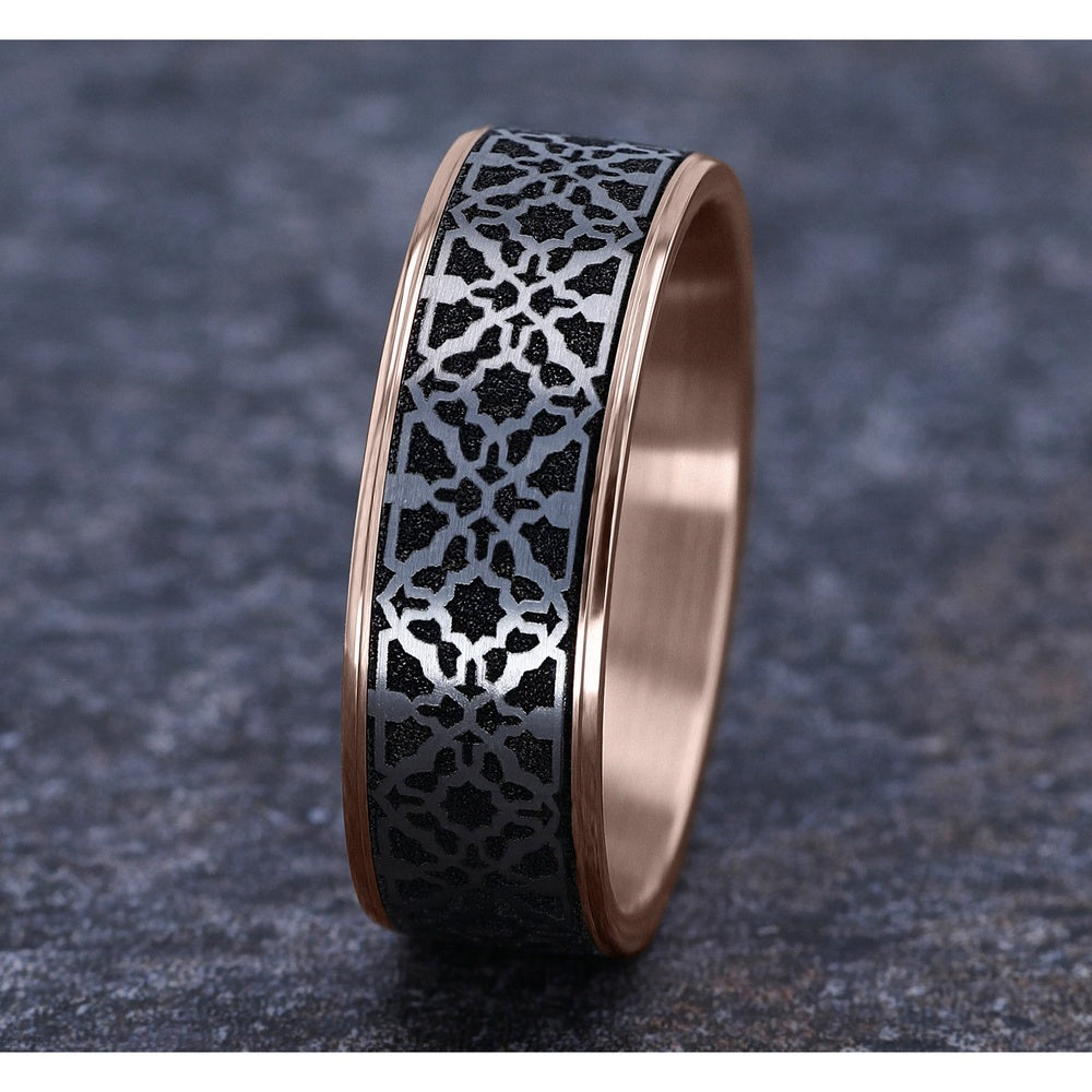 The Aztec Men's Wedding Band in 14K Rose Gold and Grey/Black Titanium - 7.5mm Width by Ammara Stone